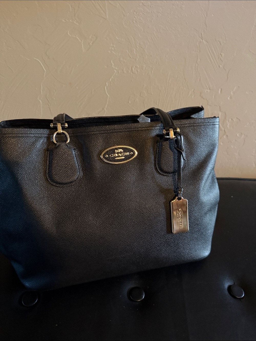 Coach Black Tote with Gold Plaque